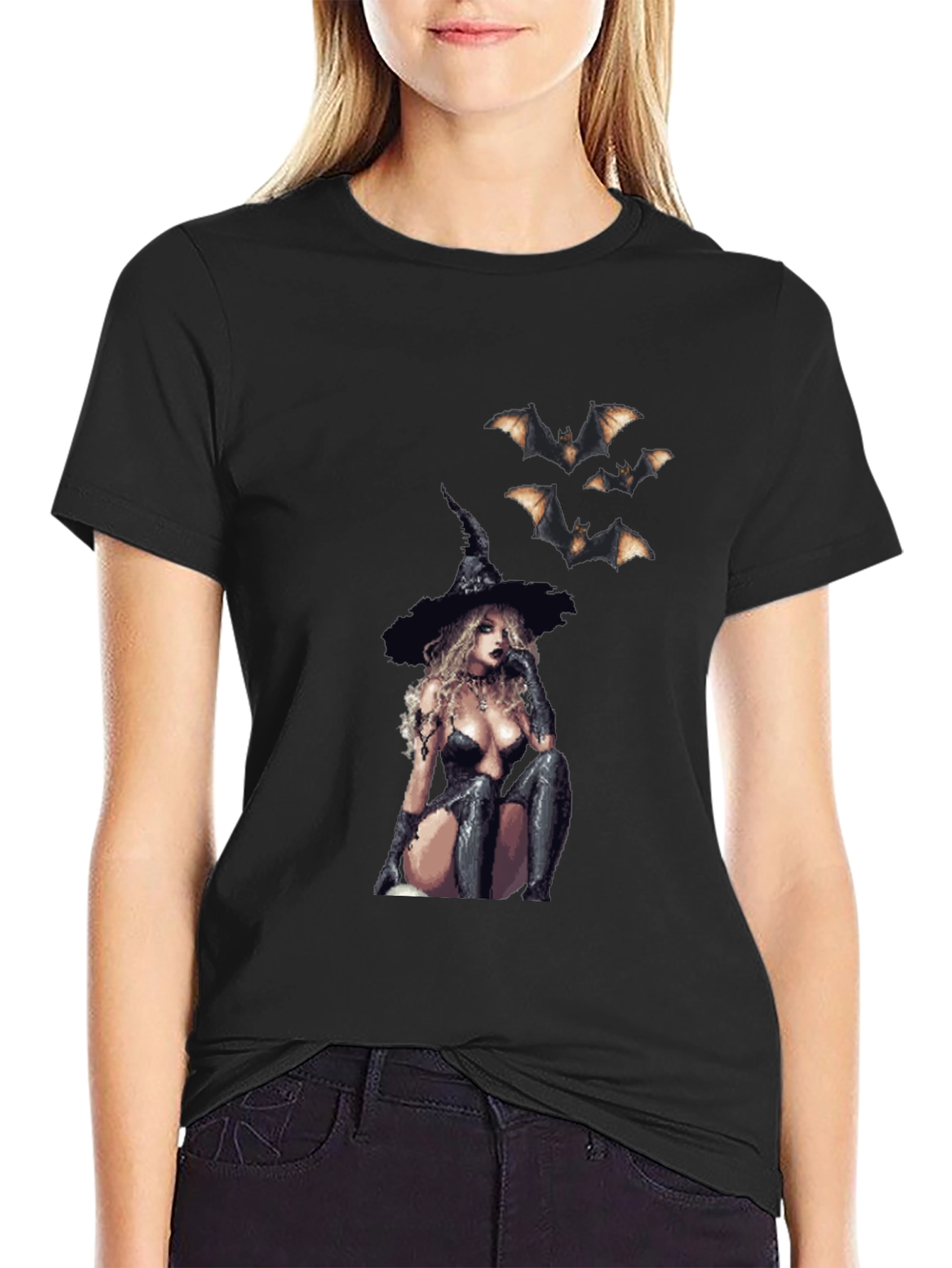Gothic Witch & Bats Black T-Shirt