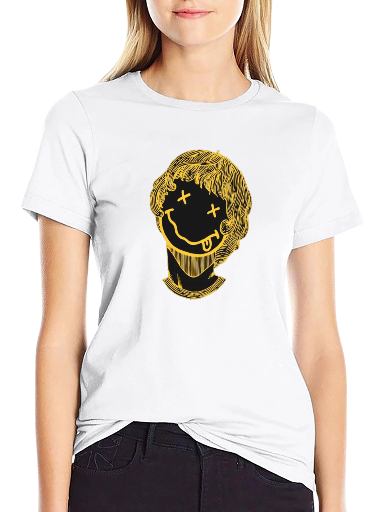 Smiley Face Graphic Tee - Black Crew Neck