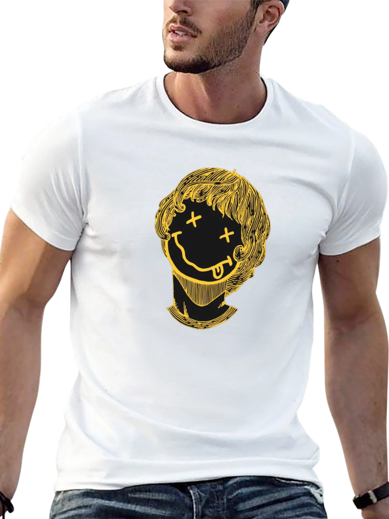 Smiley Face Graphic Tee - Black Crew Neck