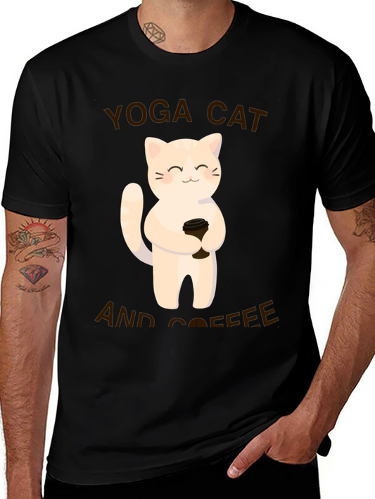 Yoga Cat & Coffee Graphic T-Shirt - Black Casual Tee