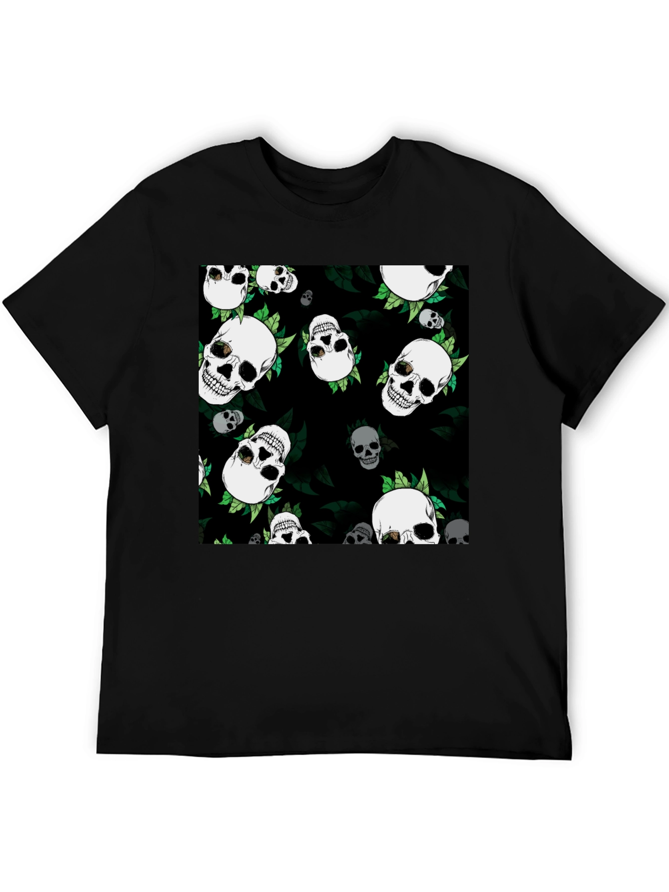 Skull & Leaf Print Black Tee
