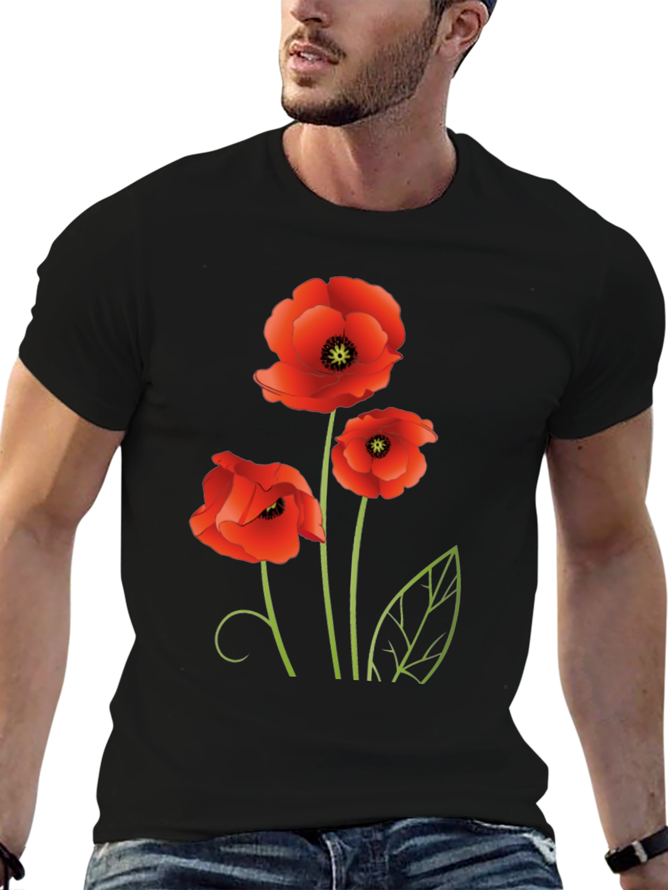 Poppy Flower Graphic Black T-Shirt