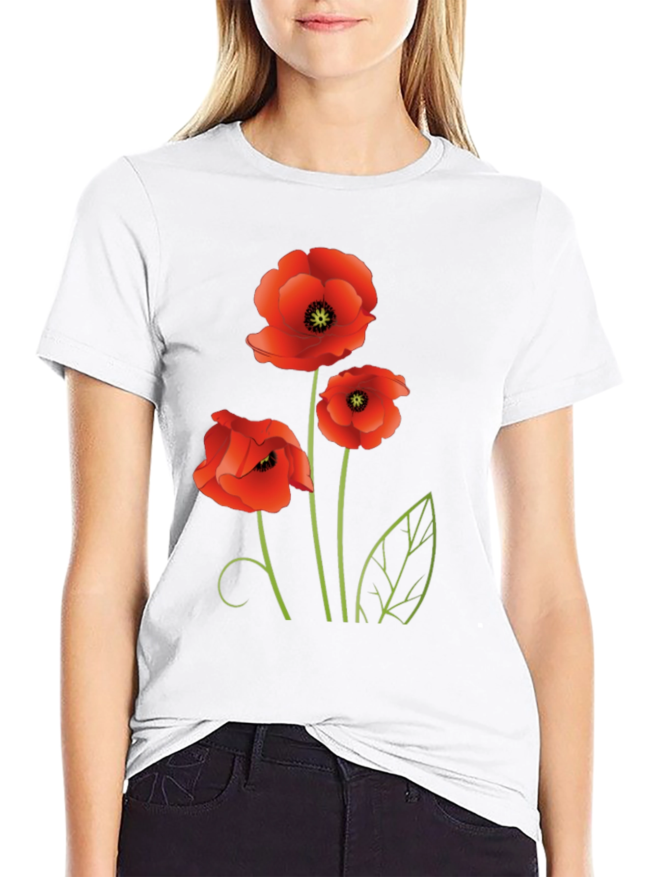 Poppy Flower Graphic Black T-Shirt
