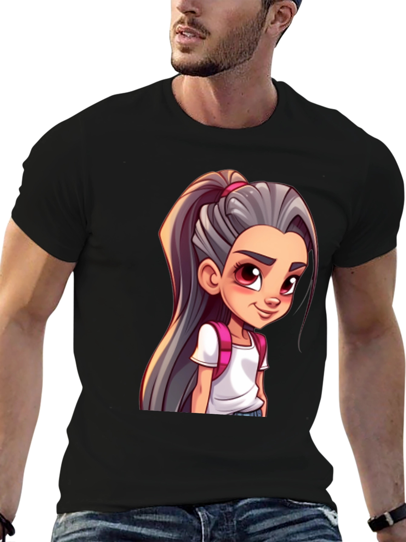 Cartoon Girl Graphic Black T-Shirt