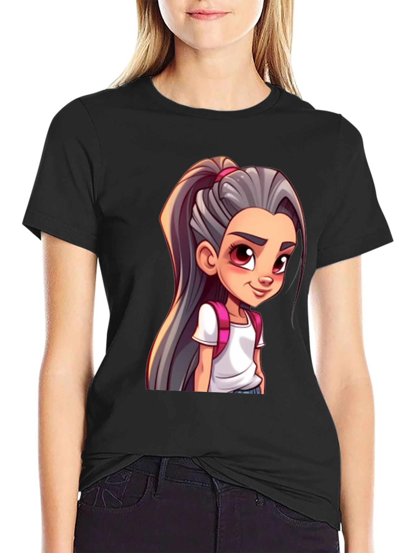 Cartoon Girl Graphic Black T-Shirt