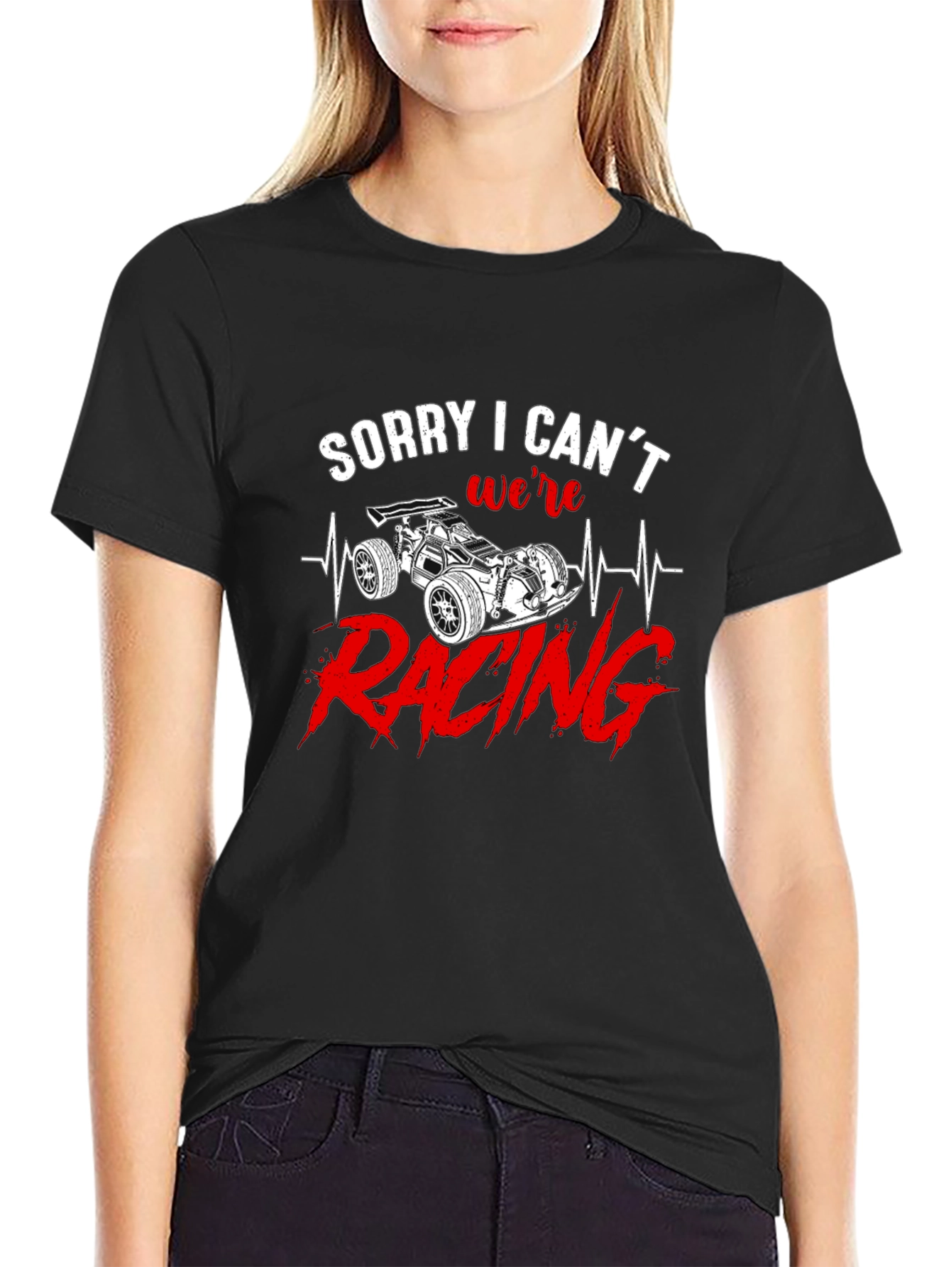 Sorry I Cant Were Racing Black Graphic T-Shirt