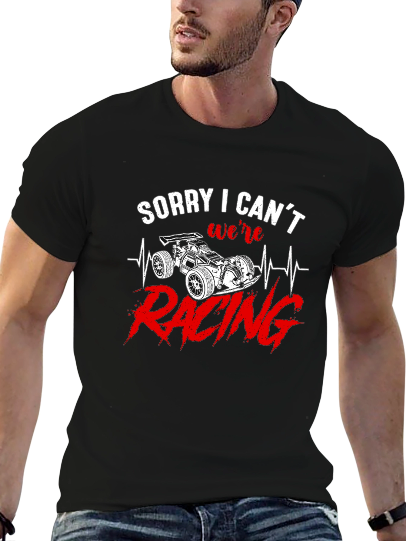 Sorry I Cant Were Racing Black Graphic T-Shirt