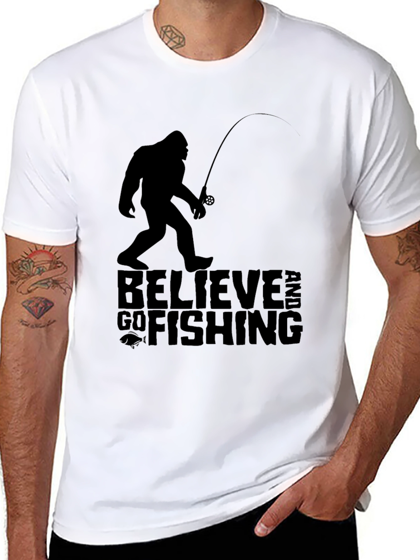 Believe and Go Fishing Bigfoot Tee - Black