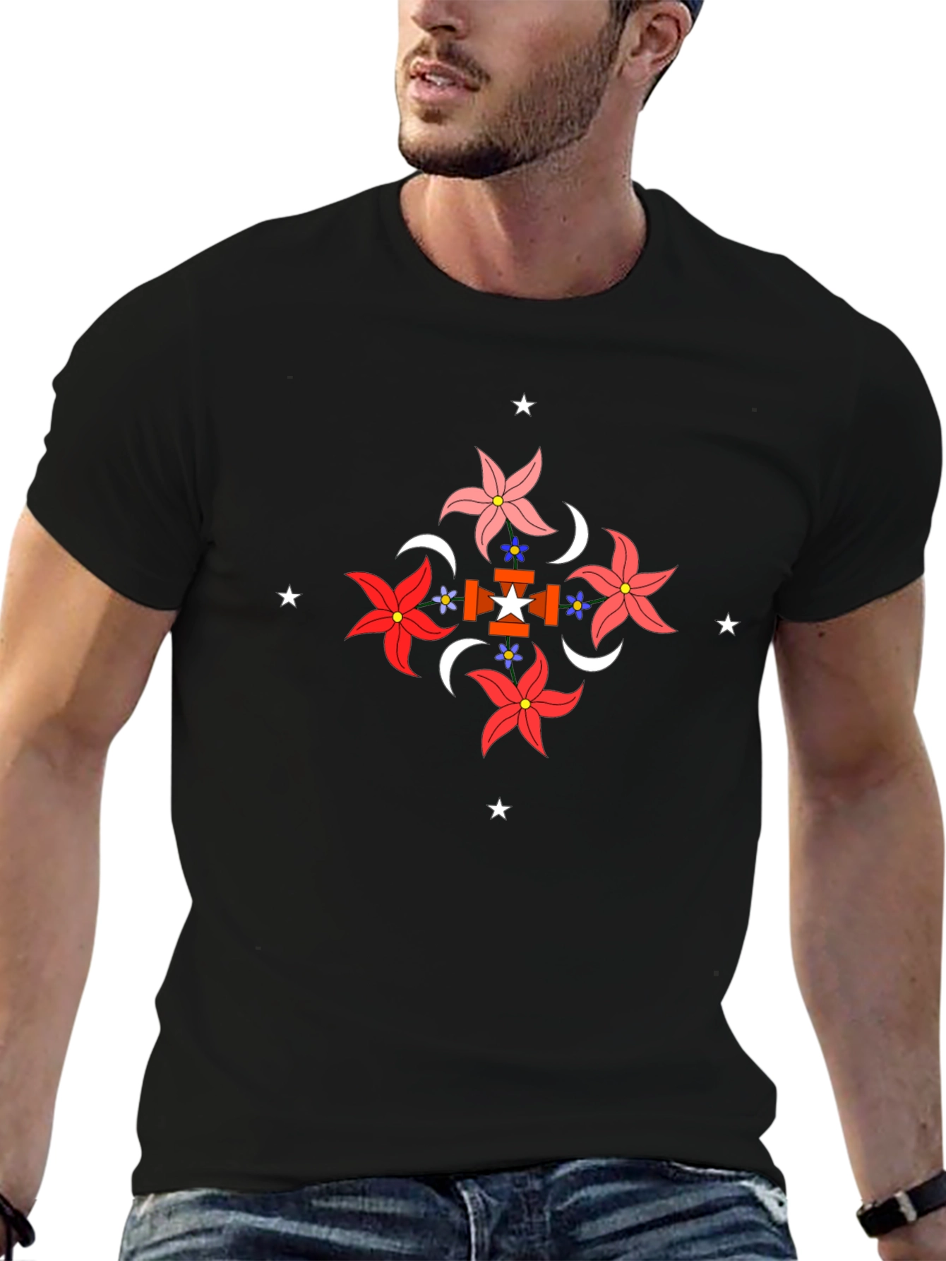 Floral Geometric Graphic Black T-Shirt