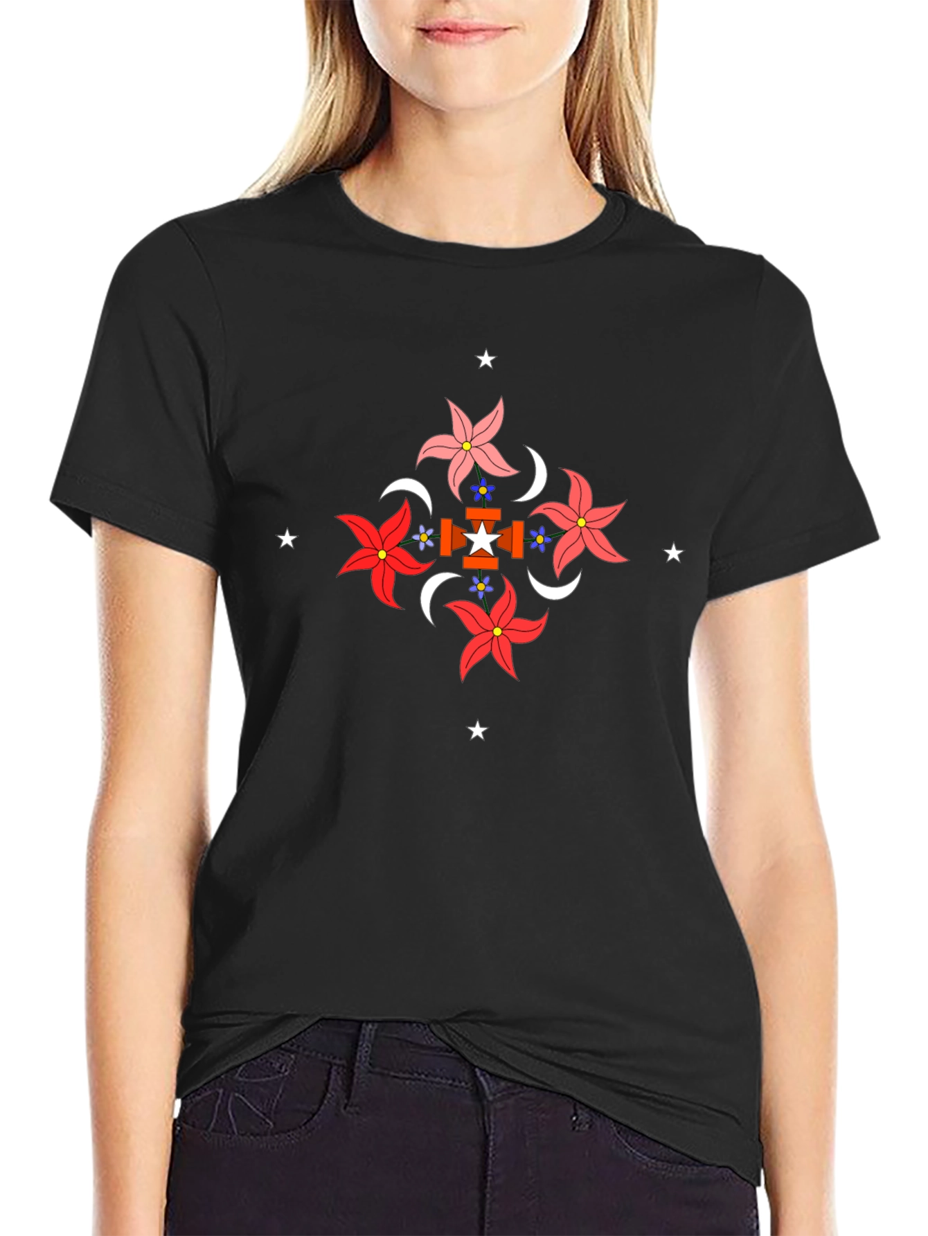 Floral Geometric Graphic Black T-Shirt