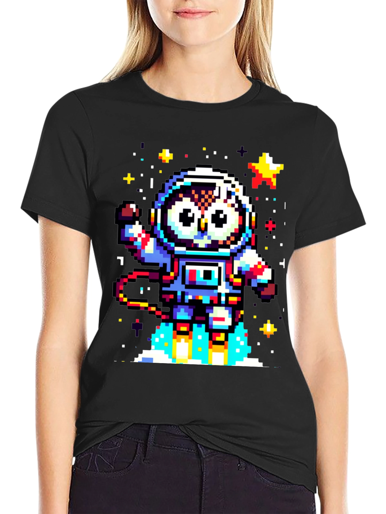 Pixel Owl Astronaut Black T-Shirt