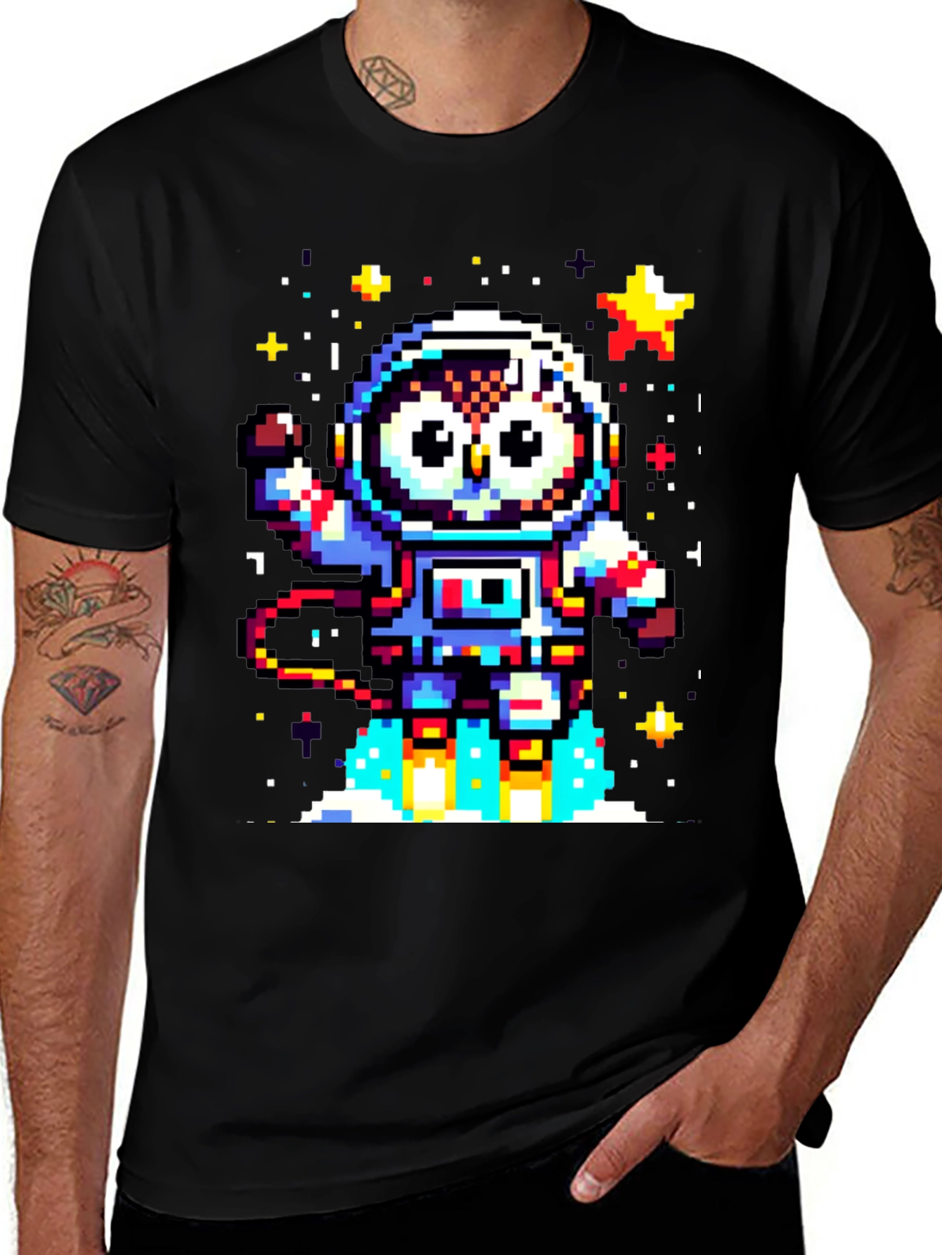 Pixel Owl Astronaut Black T-Shirt