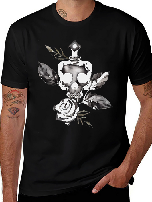 Skull & Rose Graphic Tee - Stylish Black Cotton T-Shirt