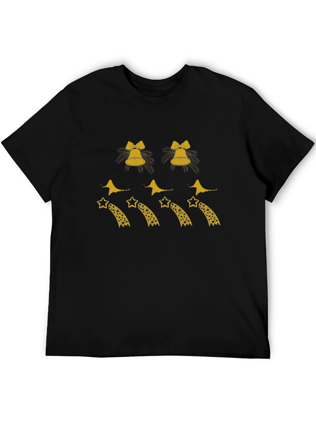Festive Black Tee with Bells and Shooting Stars Design