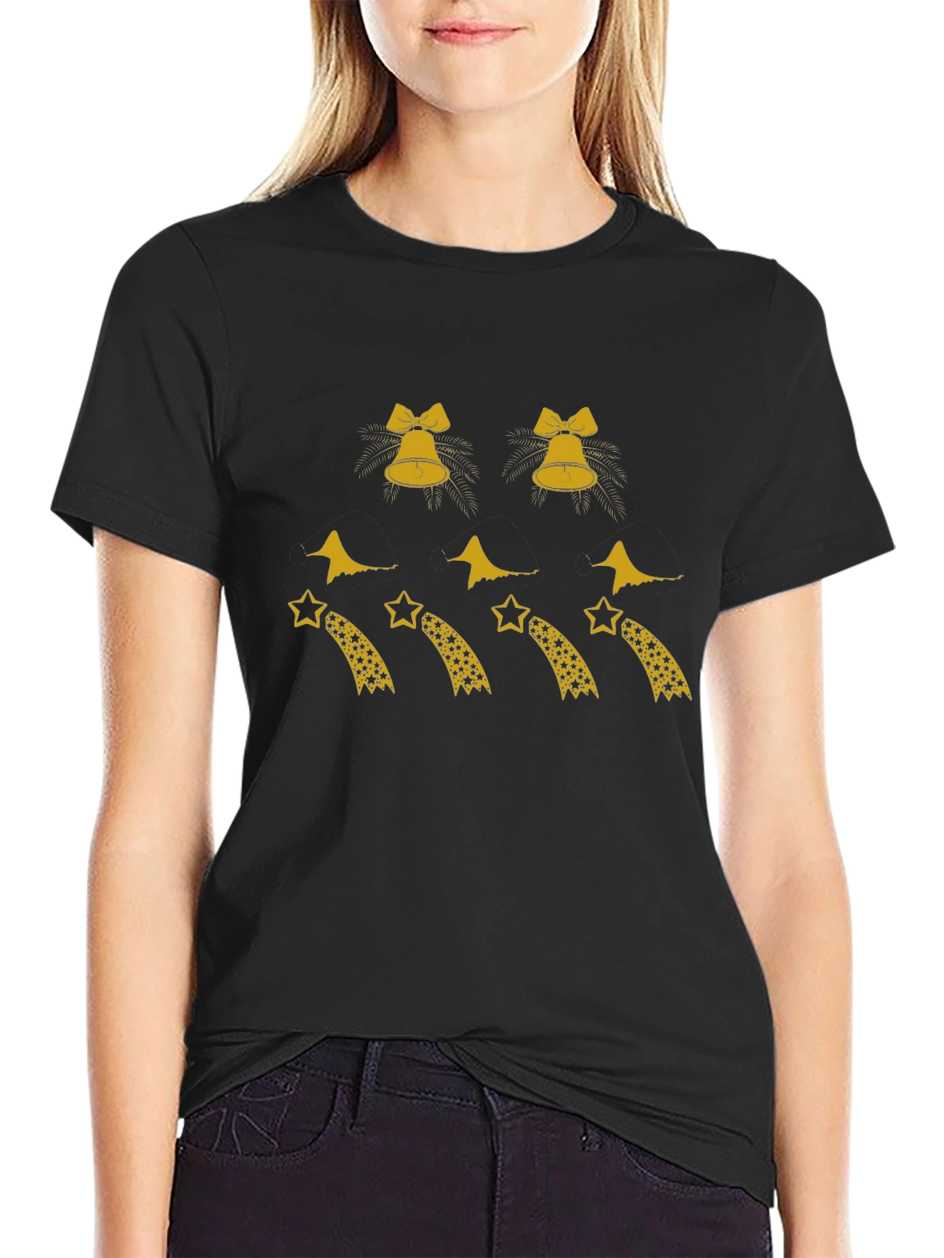 Festive Black Tee with Bells and Shooting Stars Design
