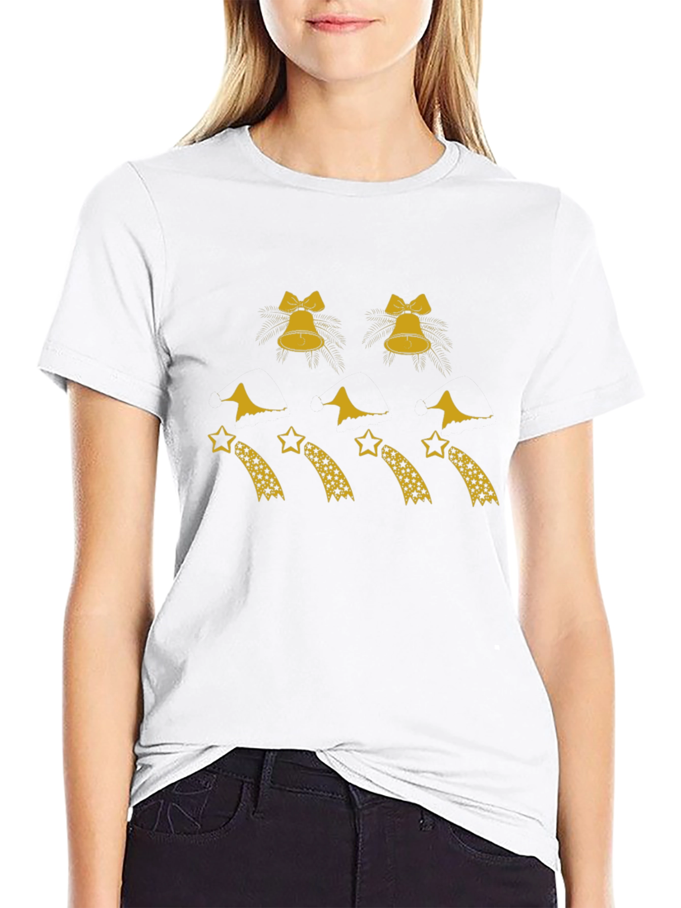 Festive Black Tee with Bells and Shooting Stars Design