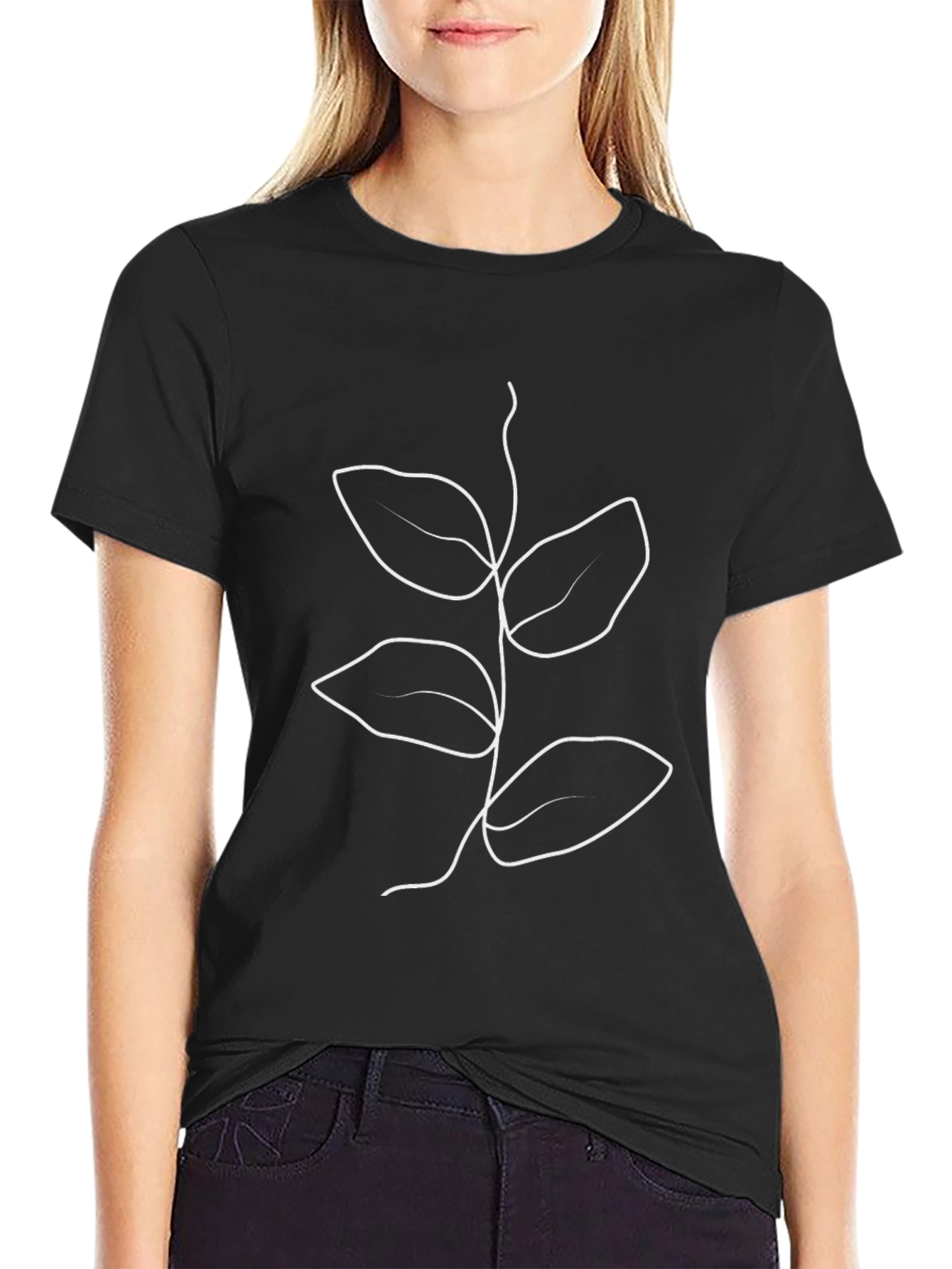 Minimalist Leaf Line Art T-Shirt - Black