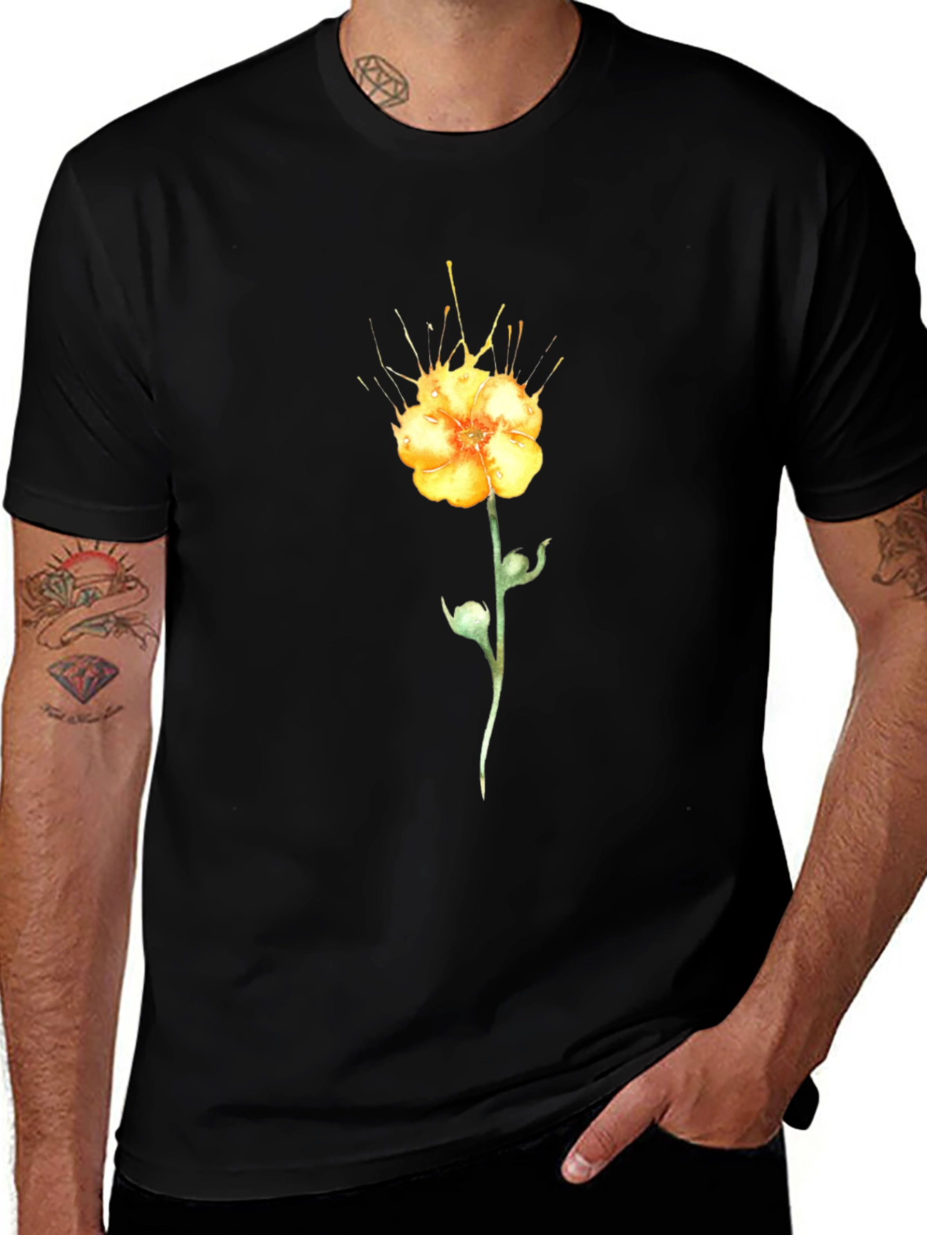 Black T-Shirt with Yellow Flower Design