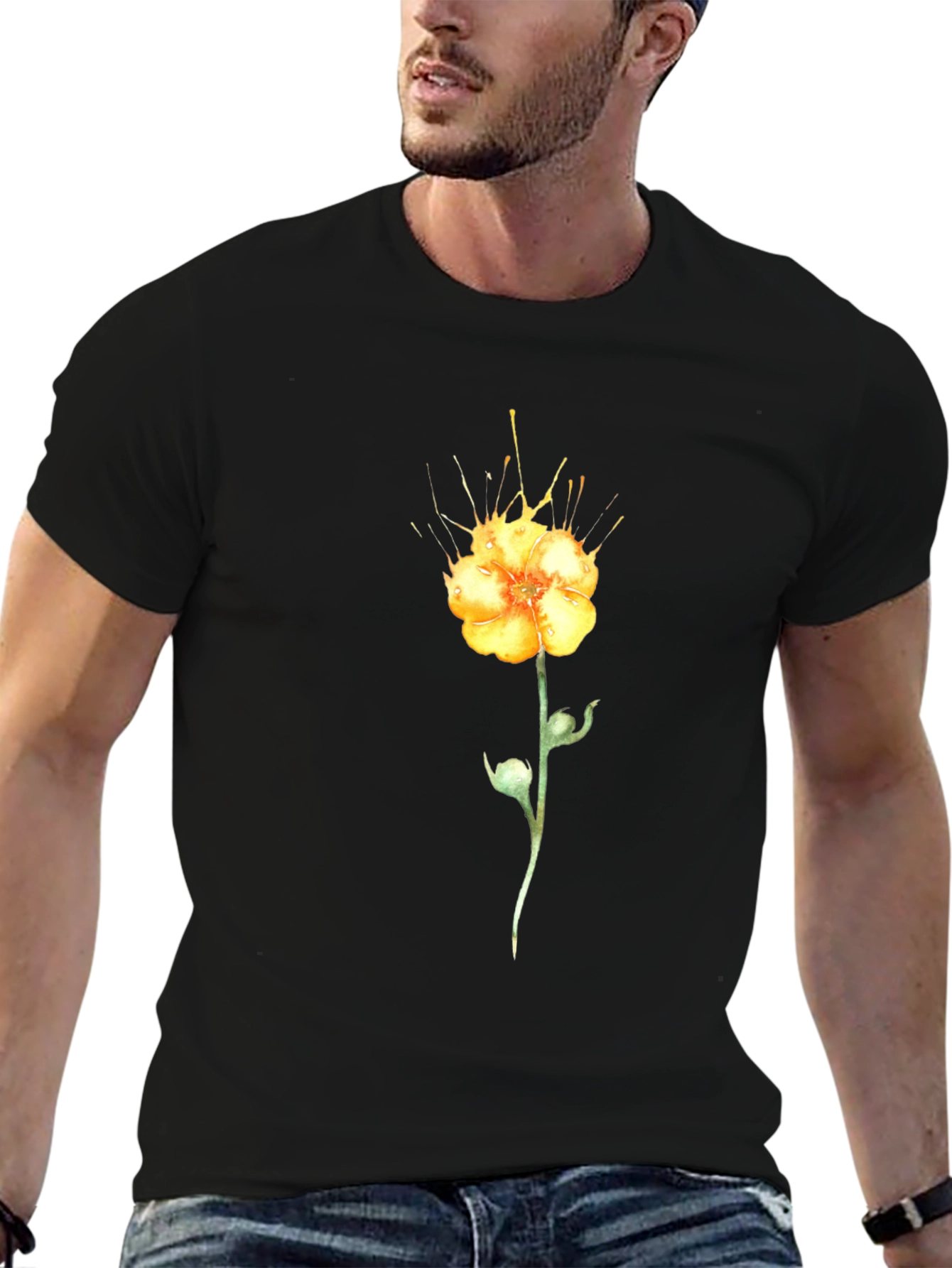 Black T-Shirt with Yellow Flower Design