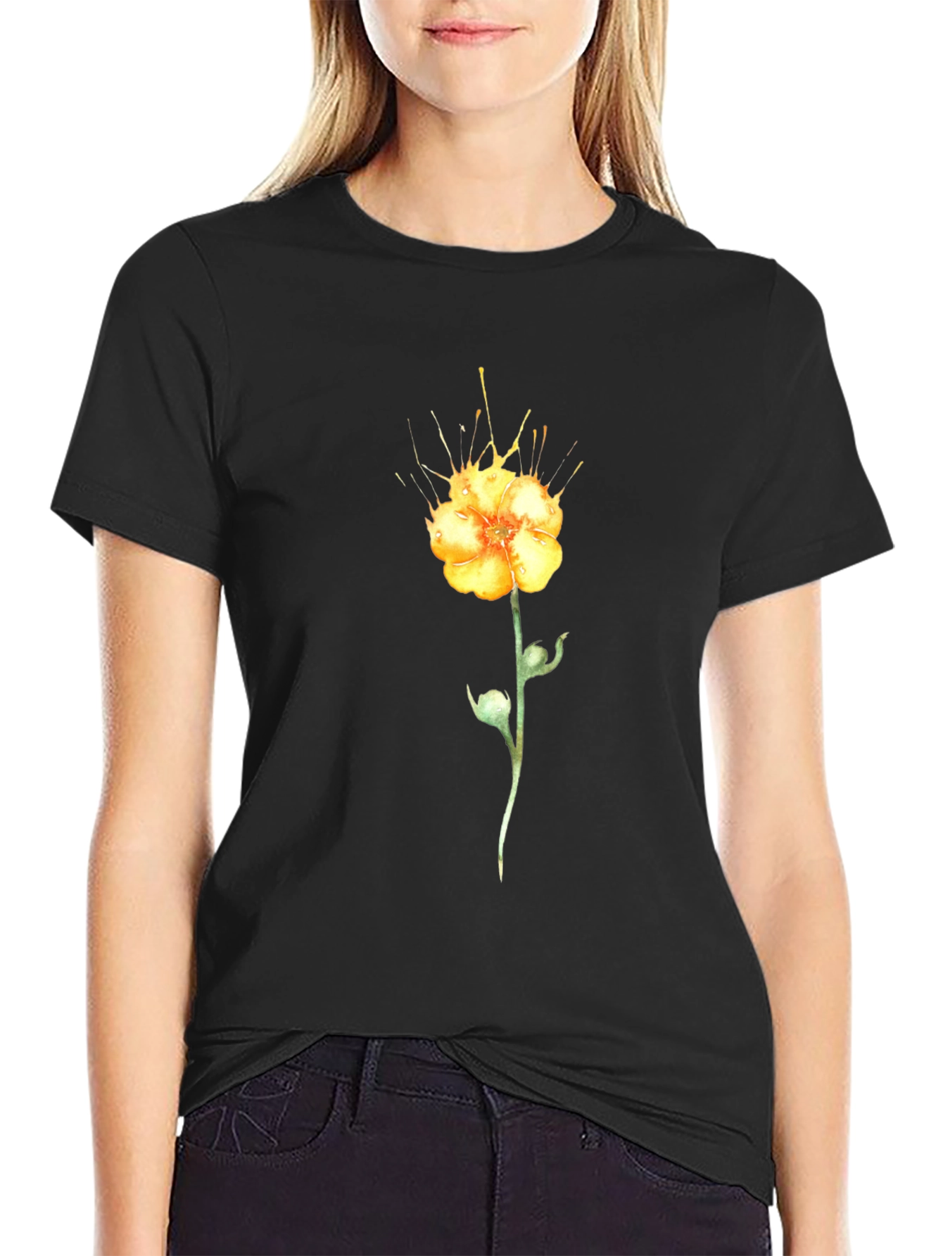 Black T-Shirt with Yellow Flower Design