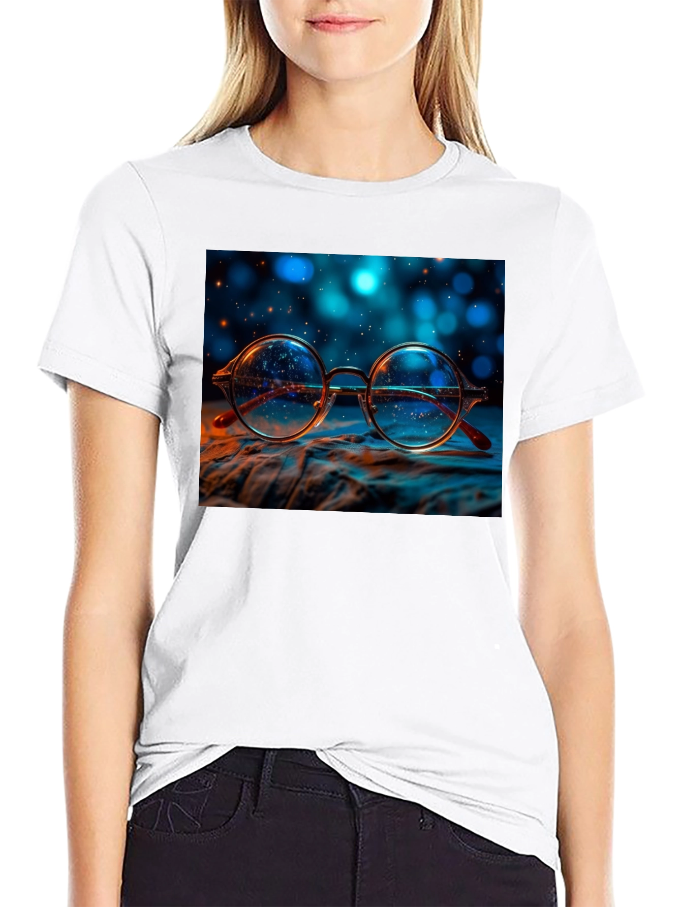 Round Glasses Print Black T-Shirt