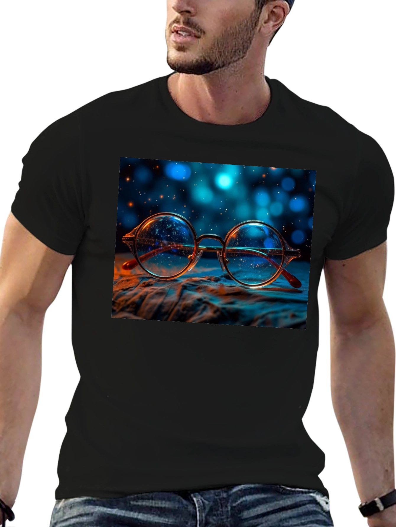 Round Glasses Print Black T-Shirt