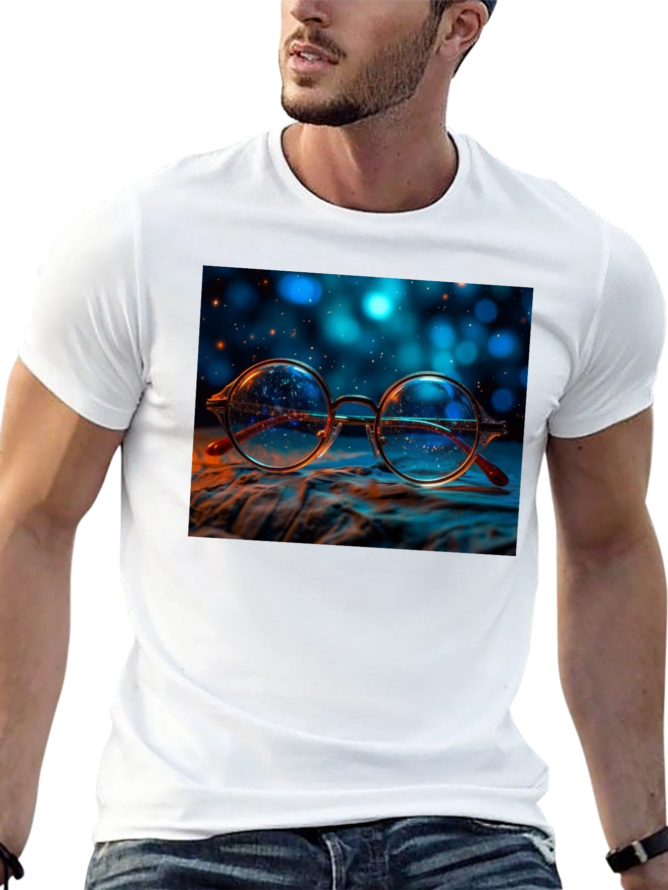 Round Glasses Print Black T-Shirt