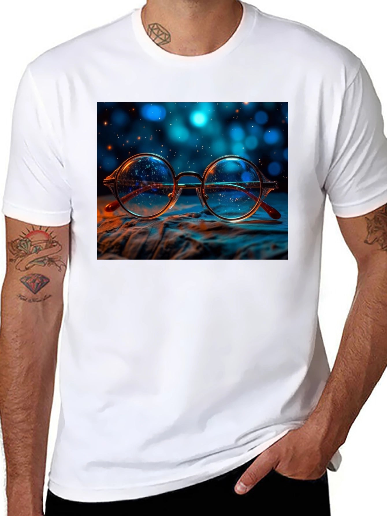 Round Glasses Print Black T-Shirt