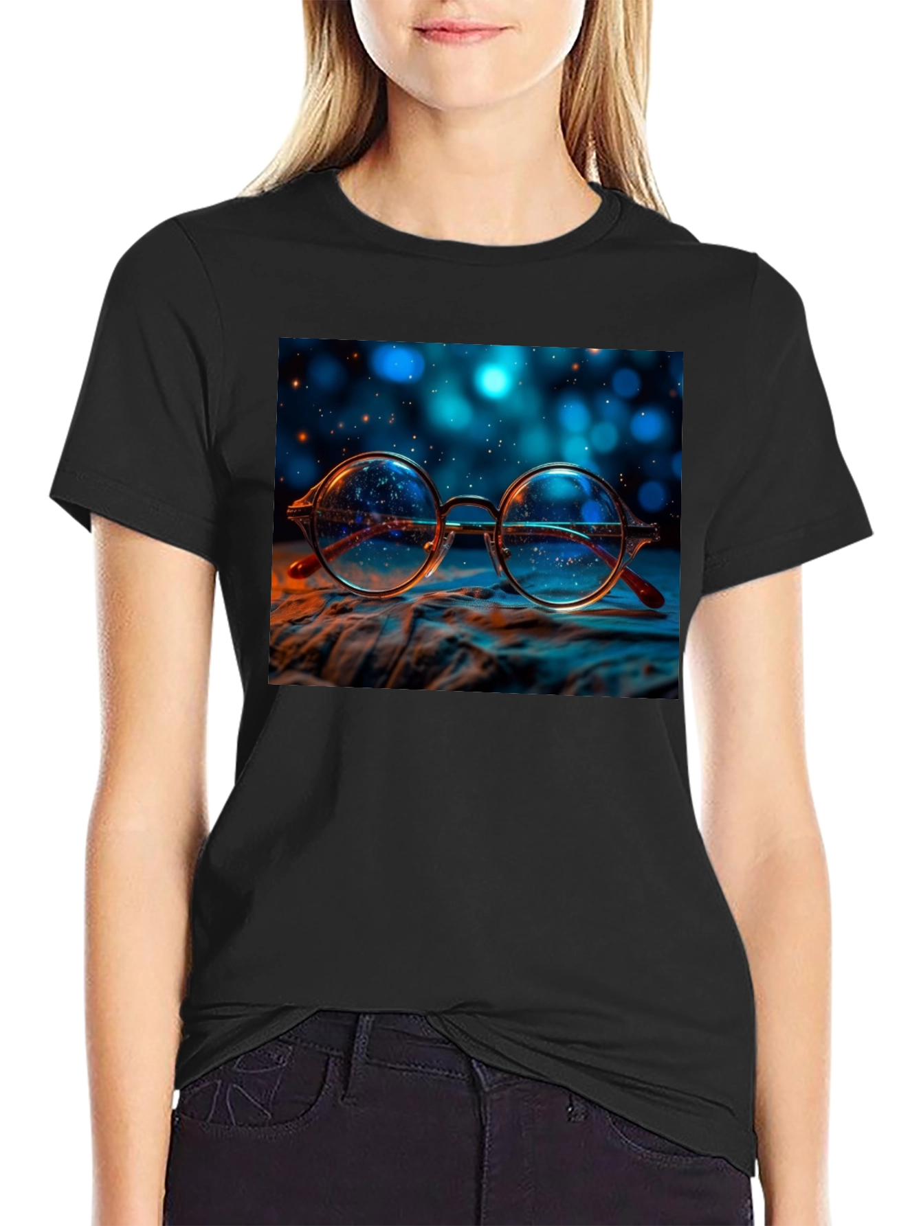 Round Glasses Print Black T-Shirt