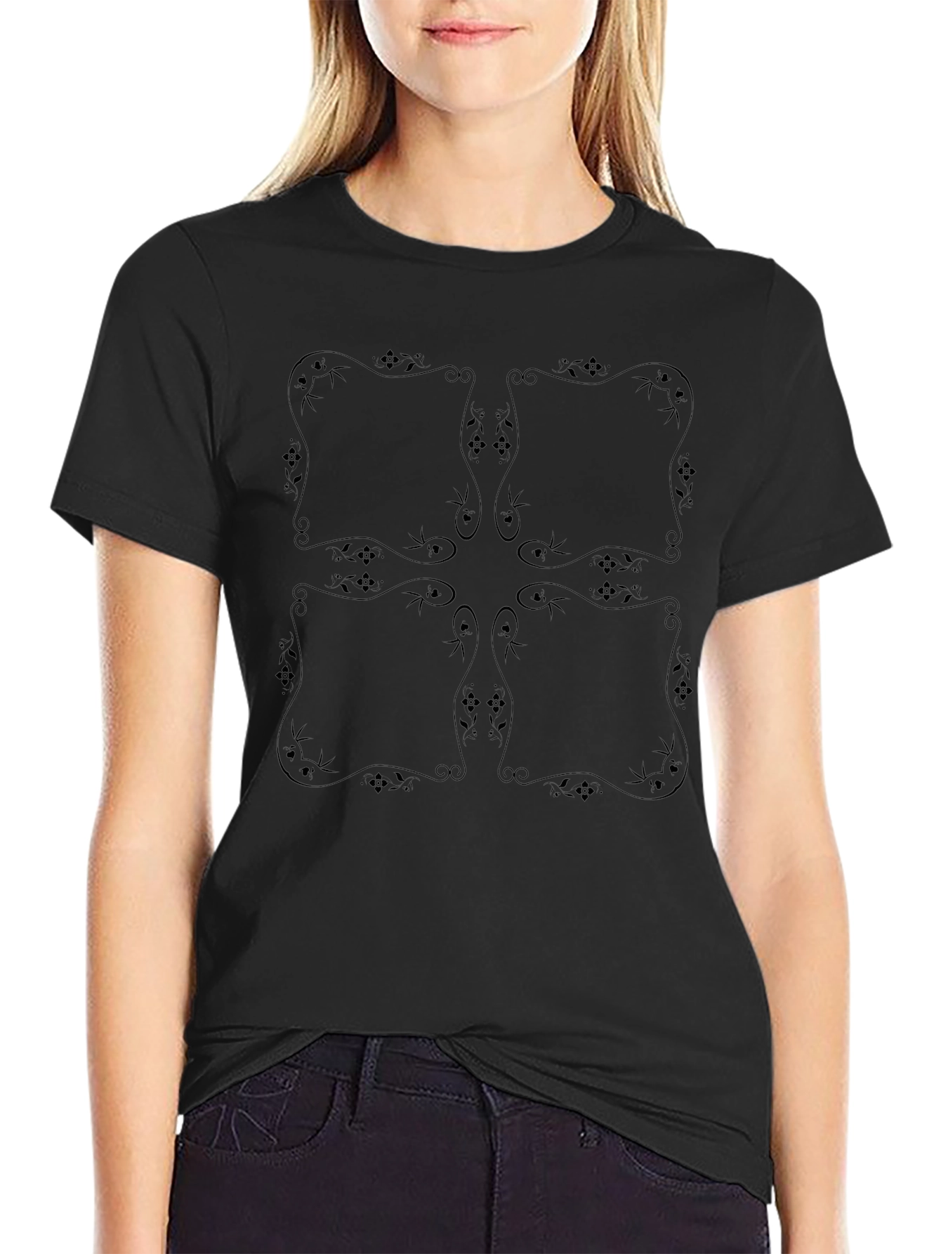 Black Floral Motif T-Shirt