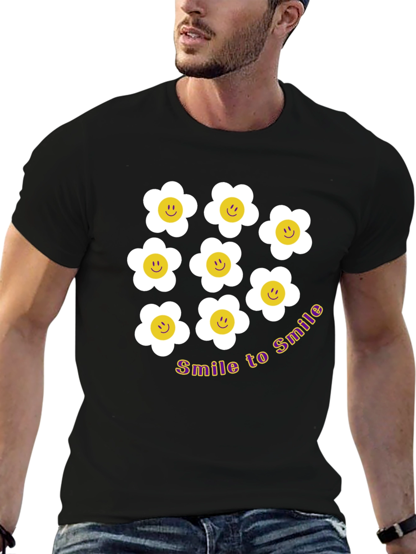 Smile Daisy Graphic Tee - Black Cotton T-Shirt