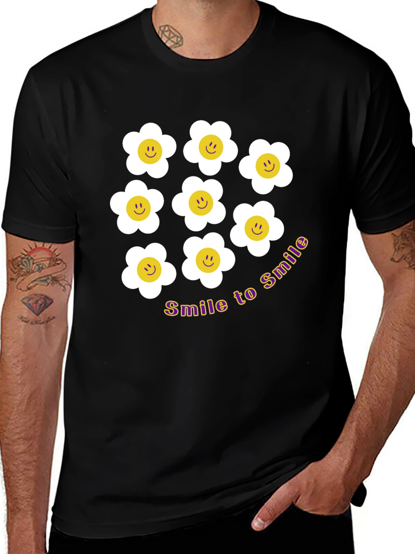 Smile Daisy Graphic Tee - Black Cotton T-Shirt