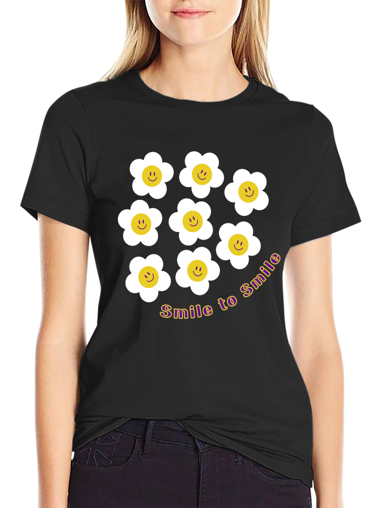 Smile Daisy Graphic Tee - Black Cotton T-Shirt