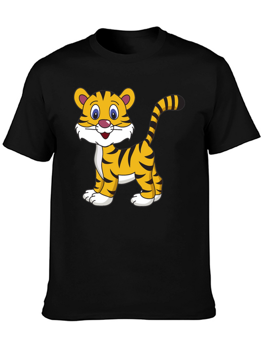 Cute Cartoon Tiger Graphic Tee - Black Cotton T-Shirt