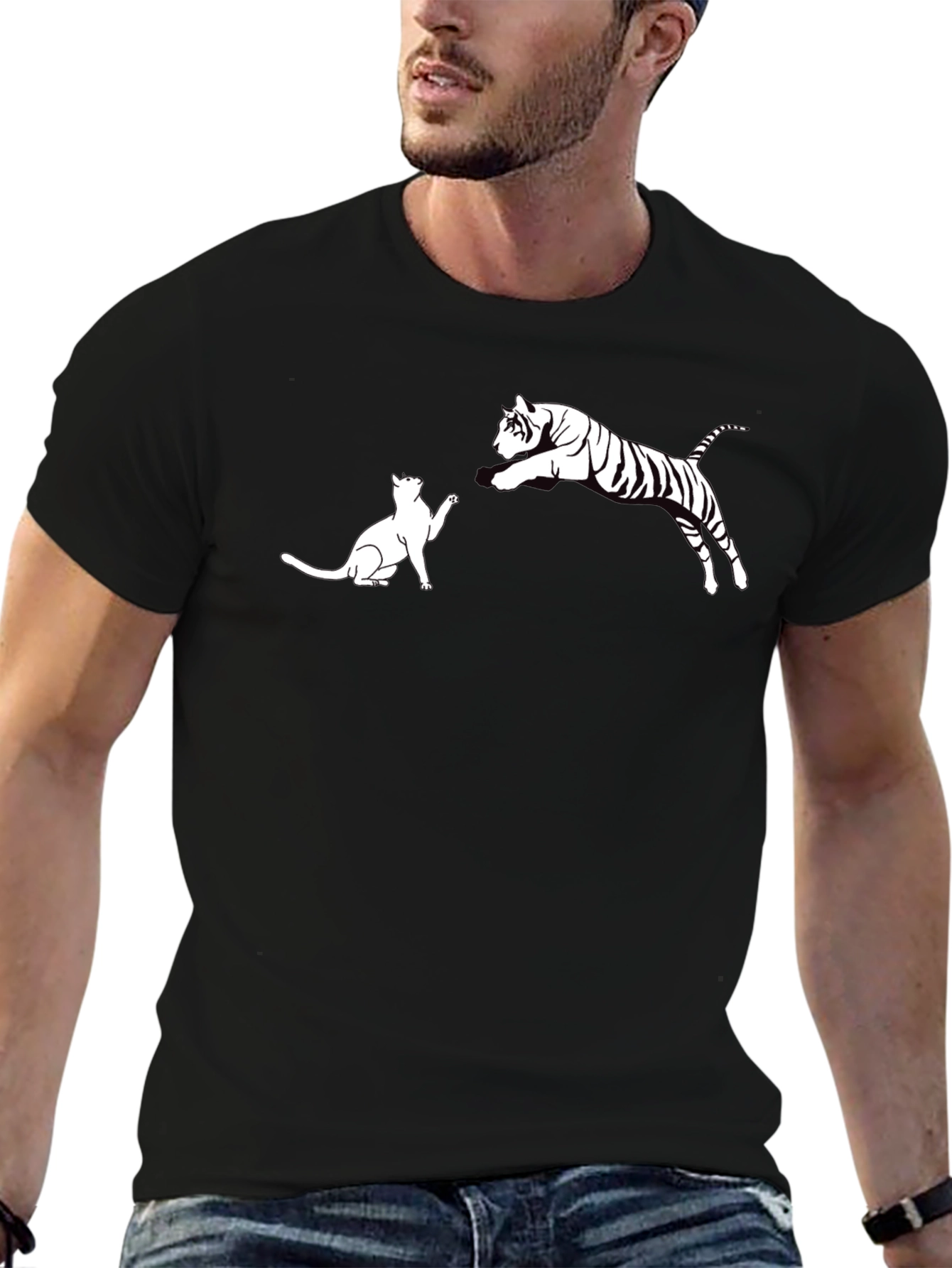 Cat vs. Tiger Graphic Tee - Black Cotton T-Shirt
