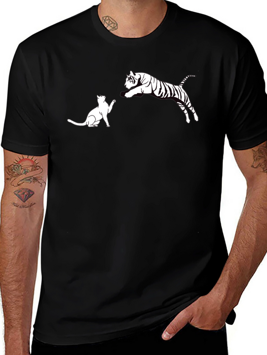 Cat vs. Tiger Graphic Tee - Black Cotton T-Shirt